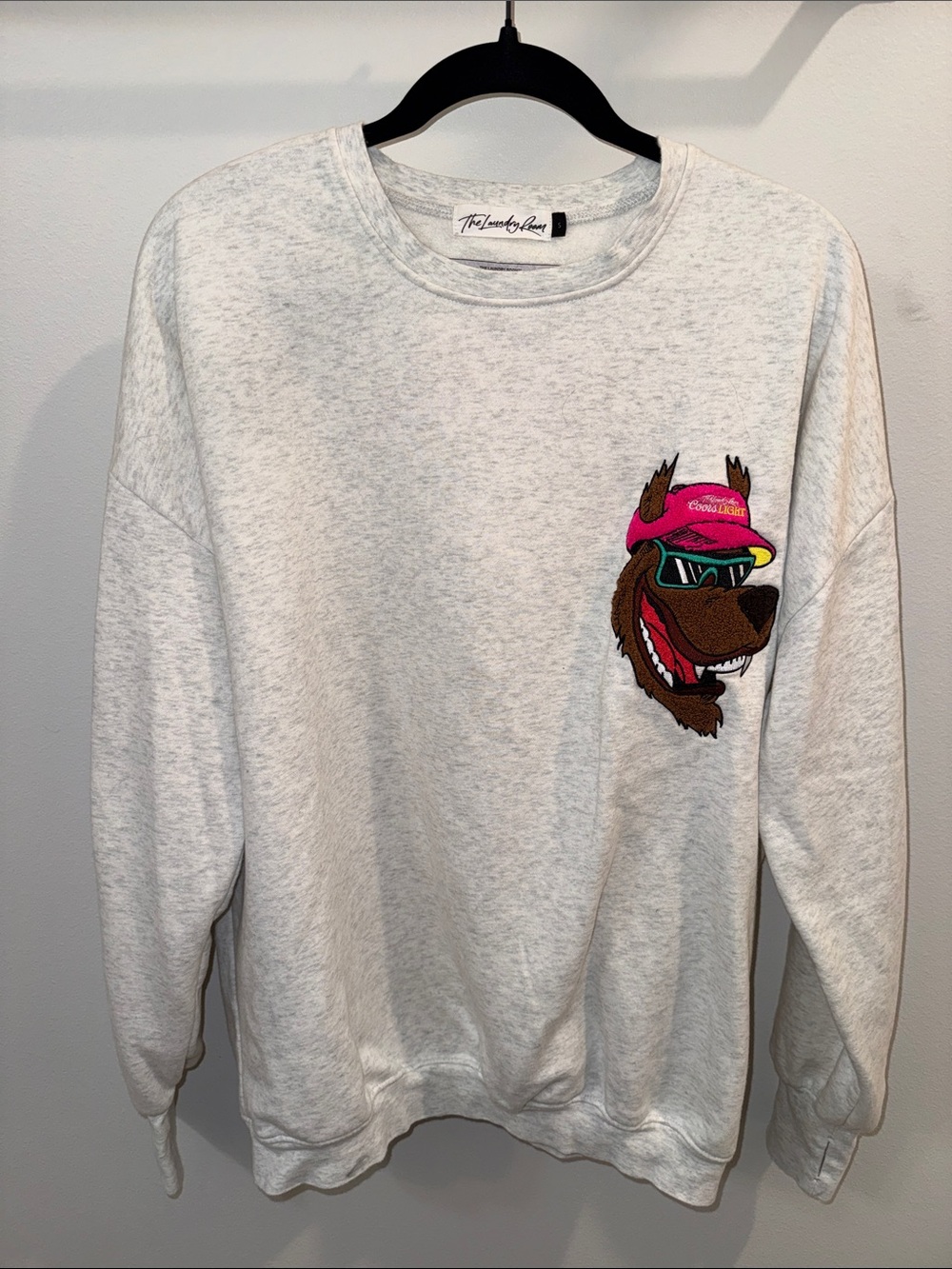 The Laundry Room Beer Wolf Light Gray Crewneck with Colorful Bear Patch